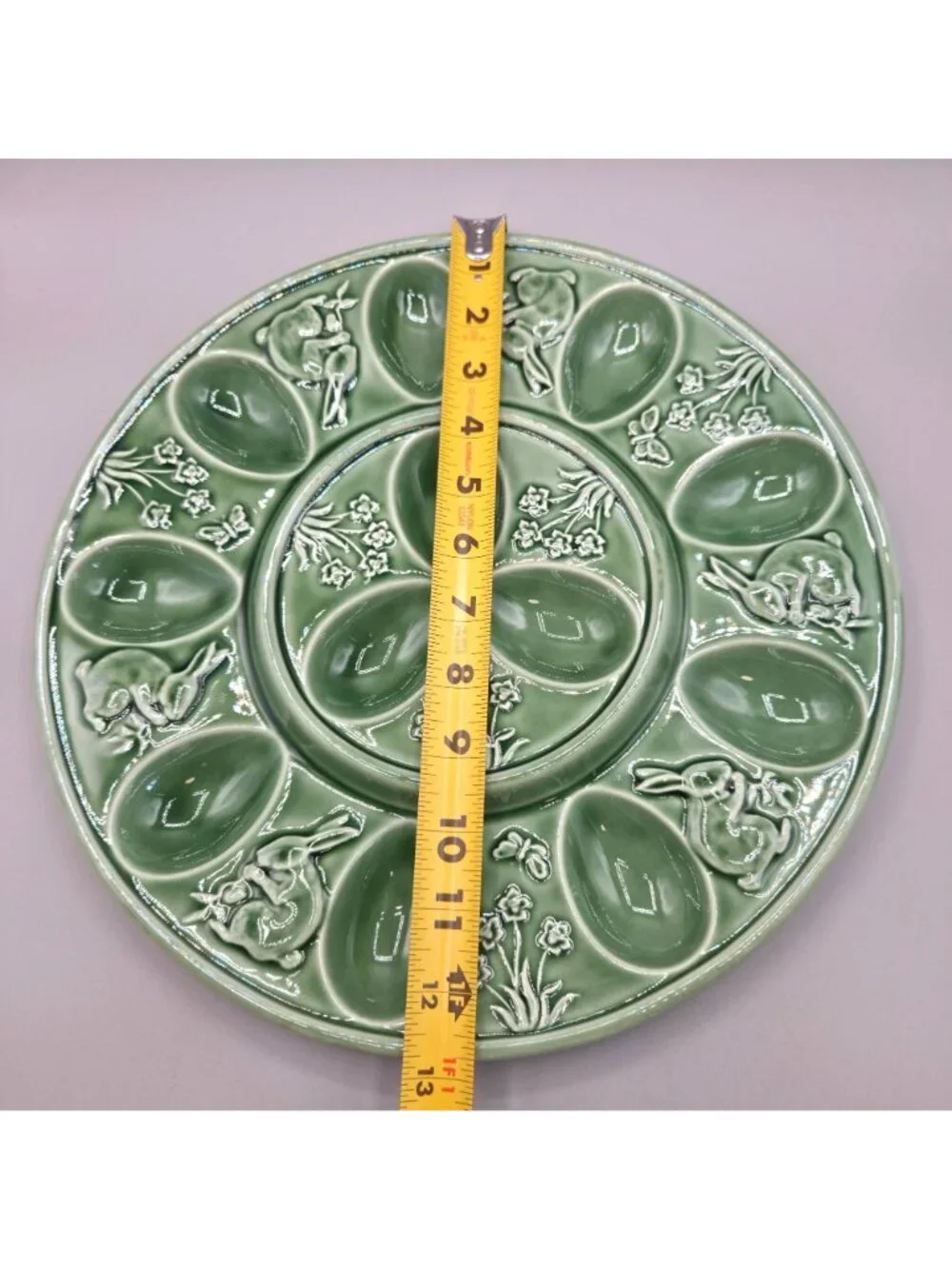 Bordallo Pinheiro Rabbit Green Majolica Deviled Egg Plate 13” Serving Portugal